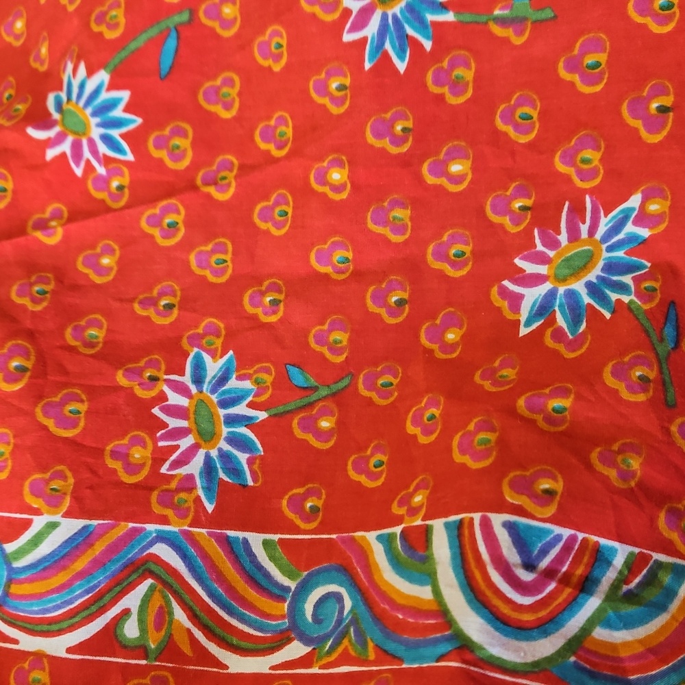 Vintage Cotton Indian Block Design  Orange  Blue Floral Shower 72" X 72" Curtain - Picture 4 of 17